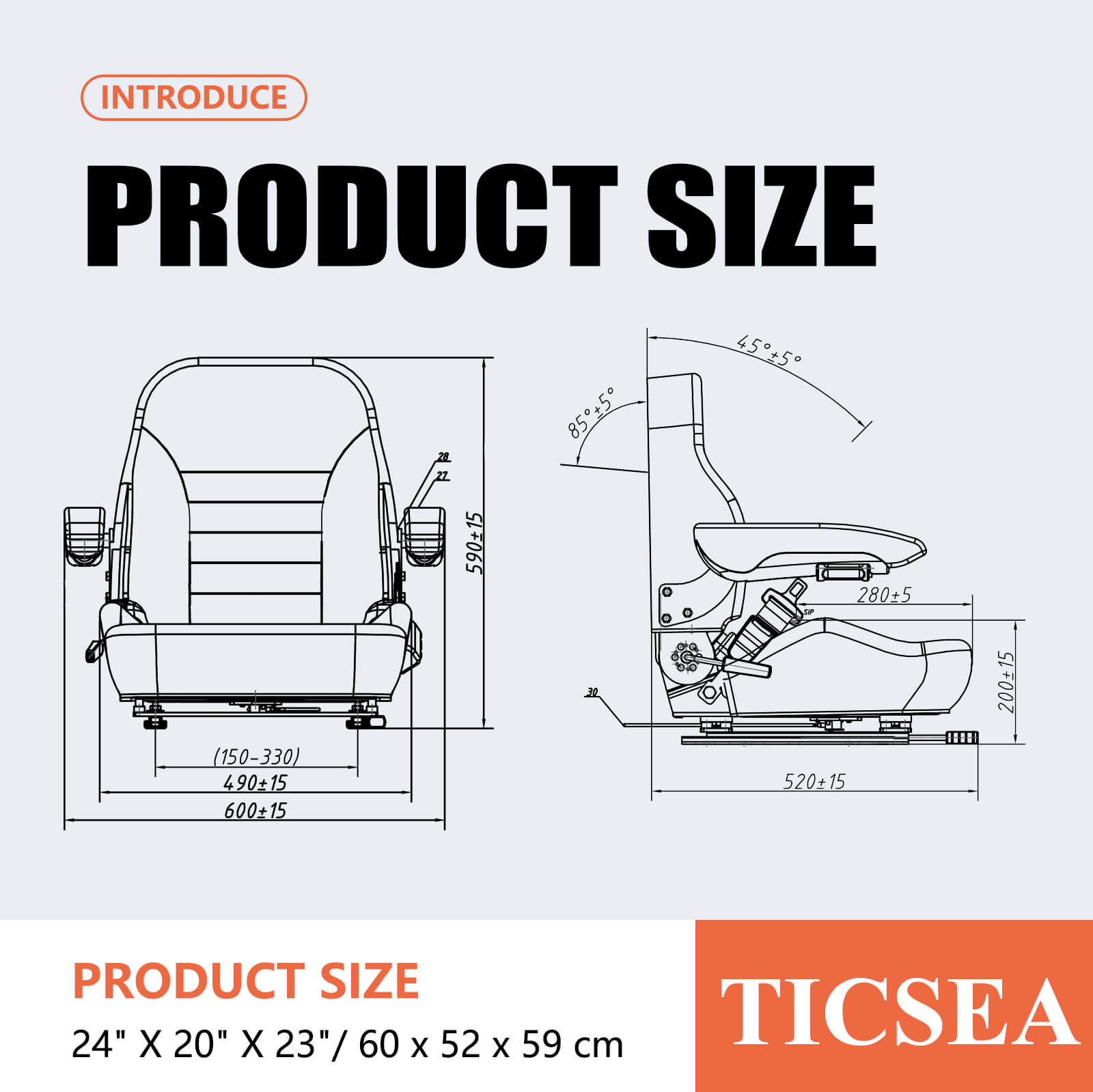 Universal Tractor Seat, Forklift Seat with Retractable Seatbelt and Adjustable Backrest Armrests for ZTR Mower Excavator Skid Loader Backhoe Dozer Telehandler