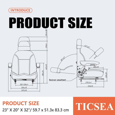 TICSEA Universal Forklift Seat, Tractor Seat with Seatbelt and Adjustable Backrest Headrest Armrests for Excavator Harvester Loader Backhoe Dozer Telehandler - TICSEA Inc