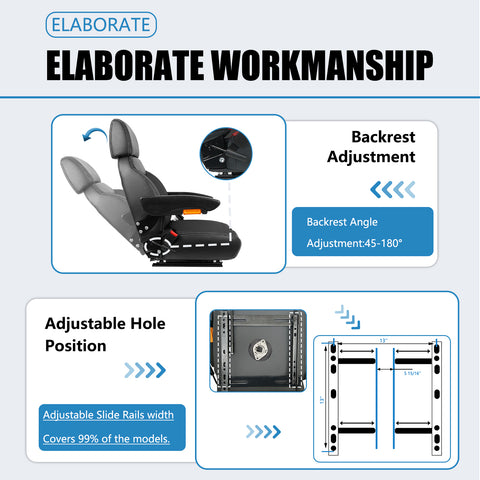 TICSEA Universal Forklift Seat, Tractor Seat with Retractable Seatbelt and Adjustable Backrest Headrest Armrests for Excavator Harvester Loader Backhoe Dozer Telehandler