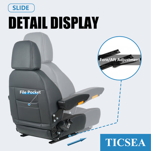 TICSEA Universal Forklift Seat, Tractor Seat with Retractable Seatbelt and Adjustable Backrest Headrest Armrests for Excavator Harvester Loader Backhoe Dozer Telehandler