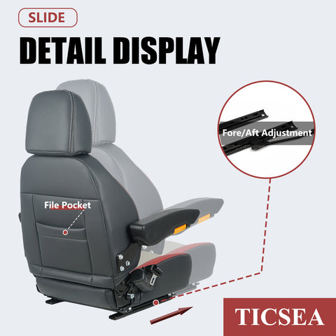 TICSEA Universal Forklift Seat, Tractor Seat with Retractable Seatbelt and Adjustable Backrest Headrest Armrests for Excavator Harvester Loader Backhoe Dozer Telehandler