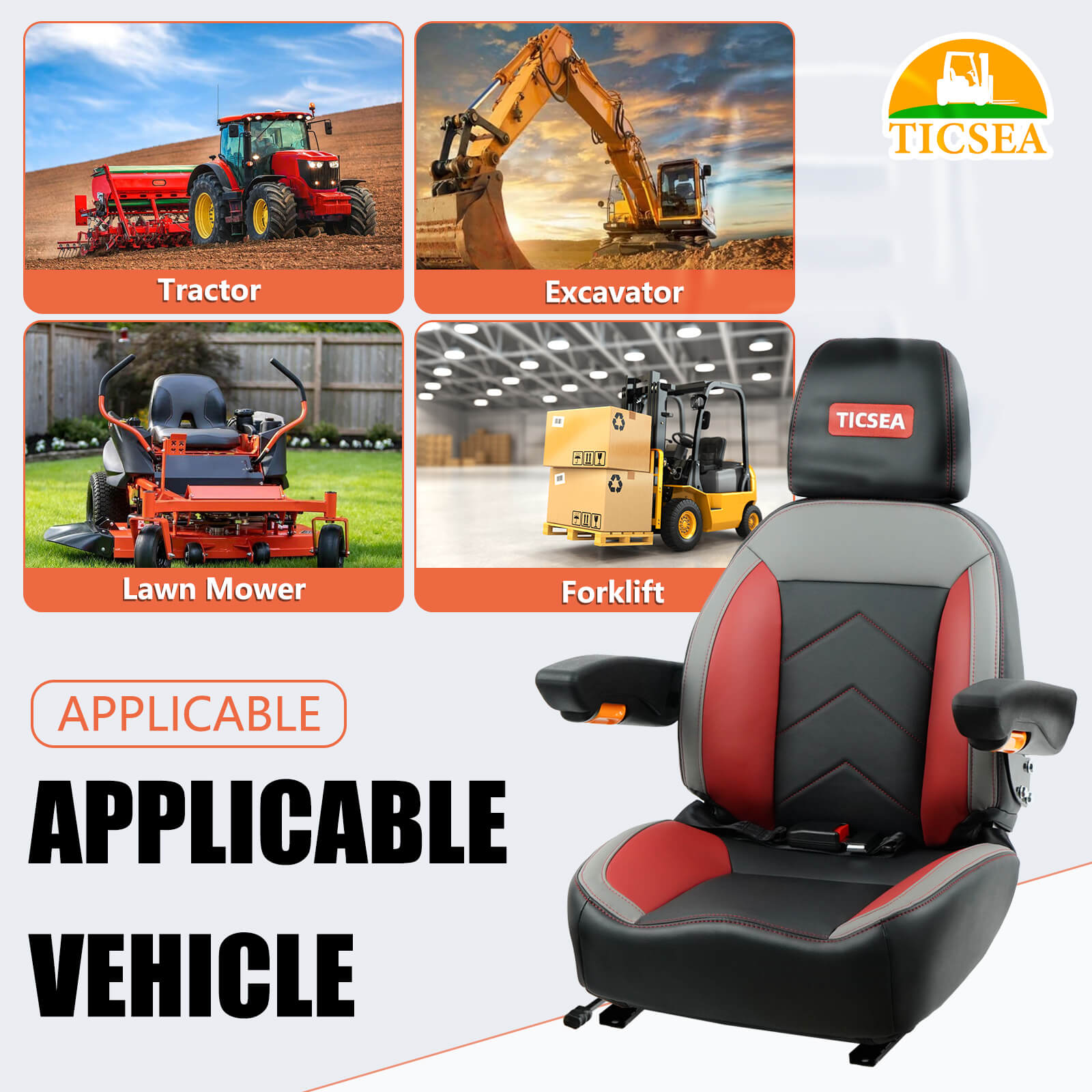 Universal Forklift Seat, Tractor Seat with Retractable Seatbelt and Headrest Armrests for Mower ZTR