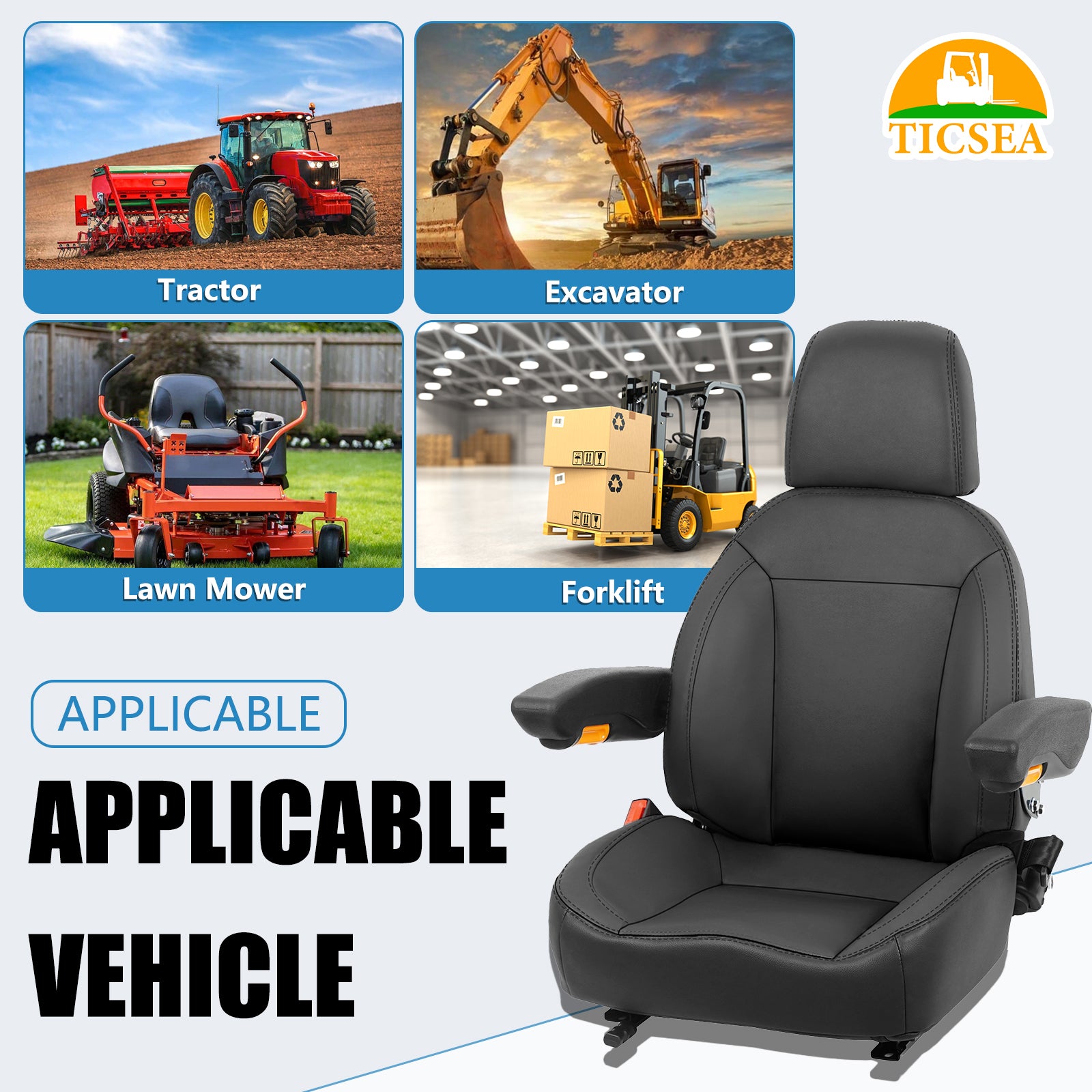 TICSEA Universal Forklift Seat, Tractor Seat with Retractable Seatbelt and Adjustable Backrest Headrest Armrests for Excavator Harvester Loader Backhoe Dozer Telehandler