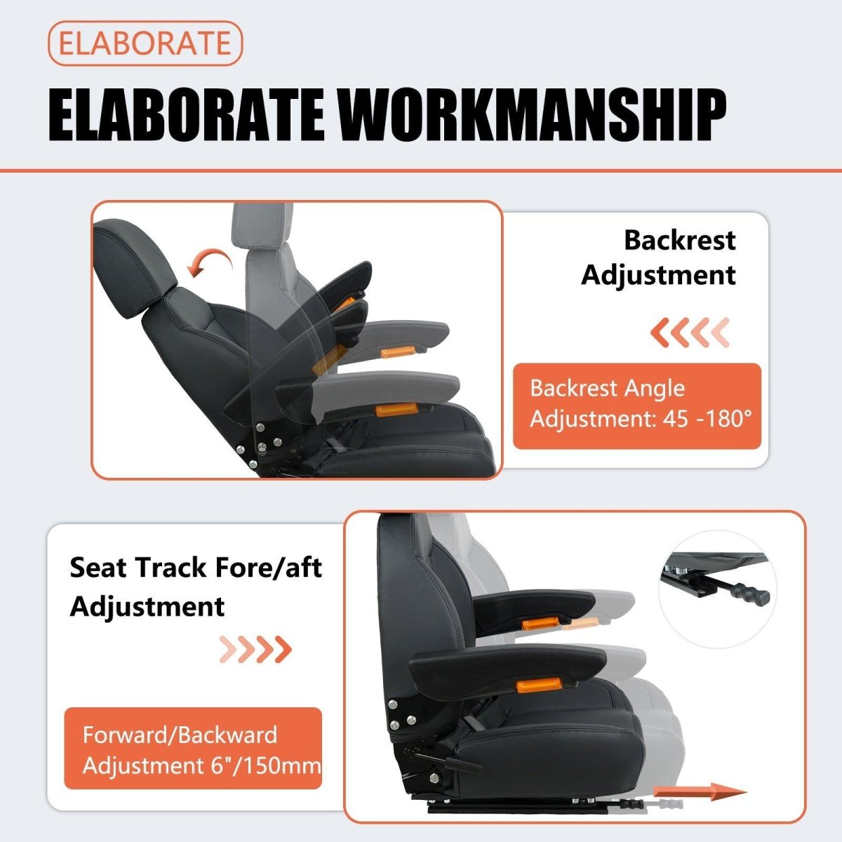 TICSEA Universal Forklift Seat, Tractor Seat with Seatbelt and Adjustable Backrest Headrest Armrests for Excavator Harvester Loader Backhoe Dozer Telehandler - TICSEA Inc