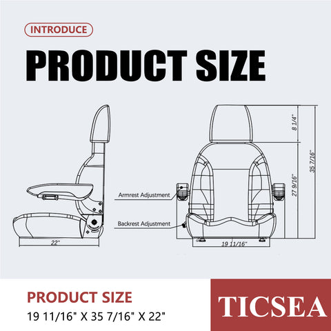 TICSEA Universal Forklift Seat, Tractor Seat with Retractable Seatbelt and Adjustable Backrest Headrest Armrests for Excavator Harvester Loader Backhoe Dozer Telehandler