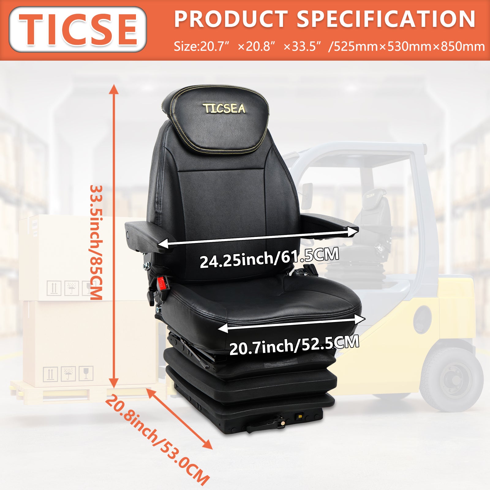 Mechanical Suspension Tractor Seat,Adjustable Backrest Headrest and Slide Rails,Adjustable Armrests Shock Absorber Heavy Duty for Forklift Excavator - TICSEA Inc