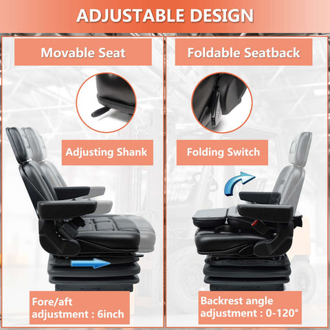 Universal Suspension Forklift Seat with Adjustable Angle Back,Armrest and Safety Belt,for Linde Forklift Tractor,Excavator Skid Loader Backhoe Dozer Telehandler - TICSEA Inc