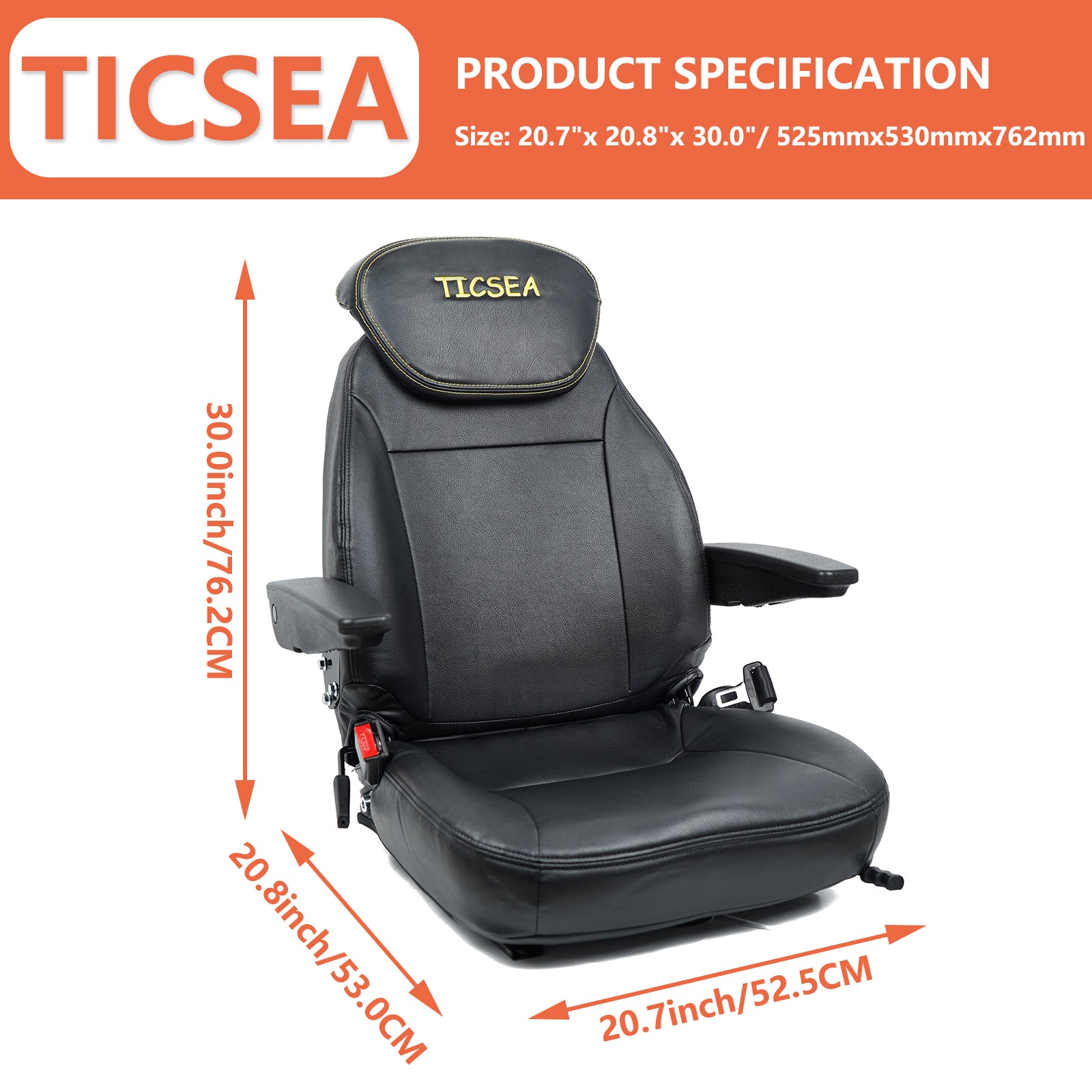 TICSEA Universal Forklift Seat,Tractor Seat with Adjustable Backrest Headrest Armrests for Excavator Harvester Loader Backhoe Dozer Telehandler - TICSEA Inc