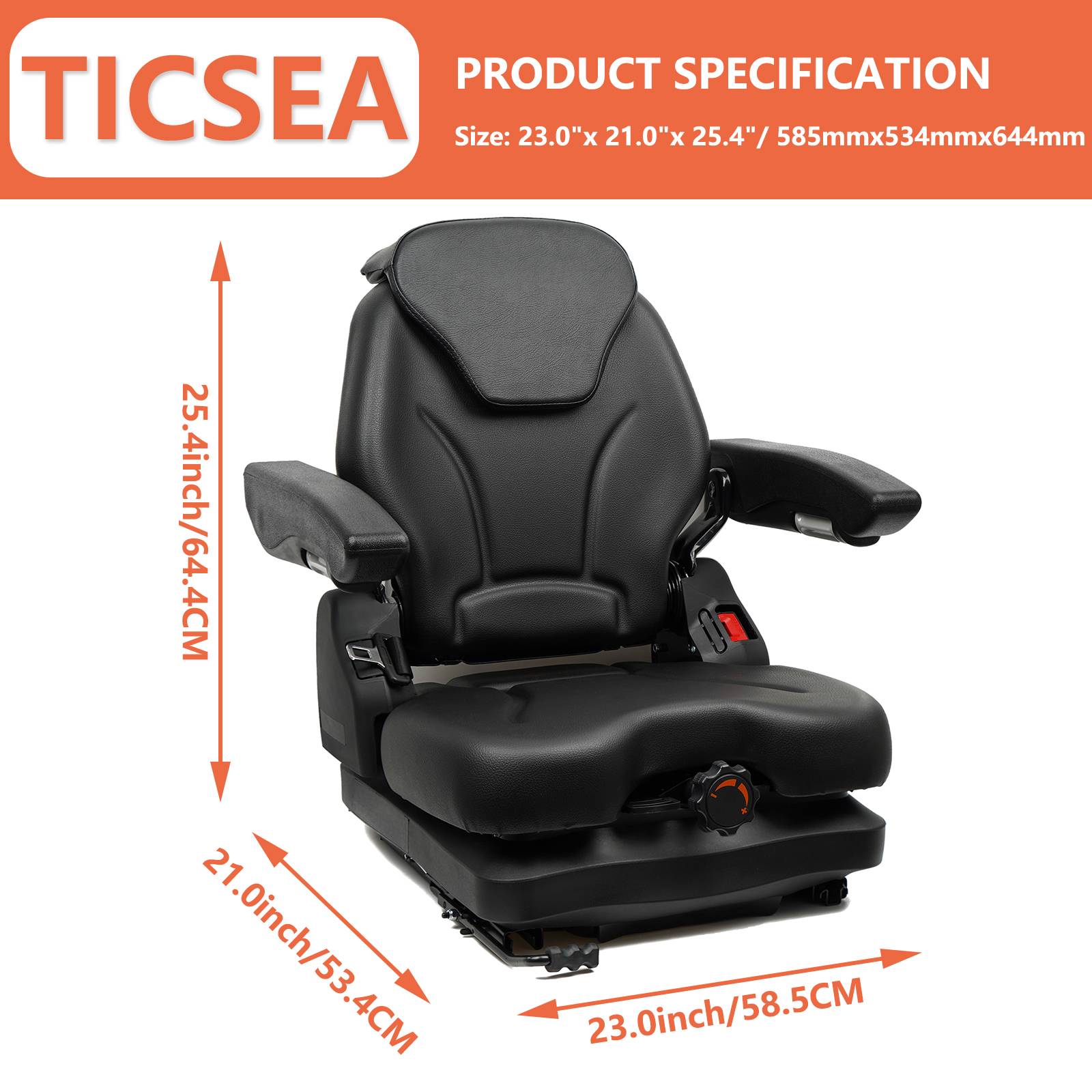 TICSEA Highback Low Suspension Tractor Seat,Adjustable Backrest Headrest and Slide Rails Forklift seat,Adjustable Armrests Shock Absorber Heavy Duty for Excavator Harvester